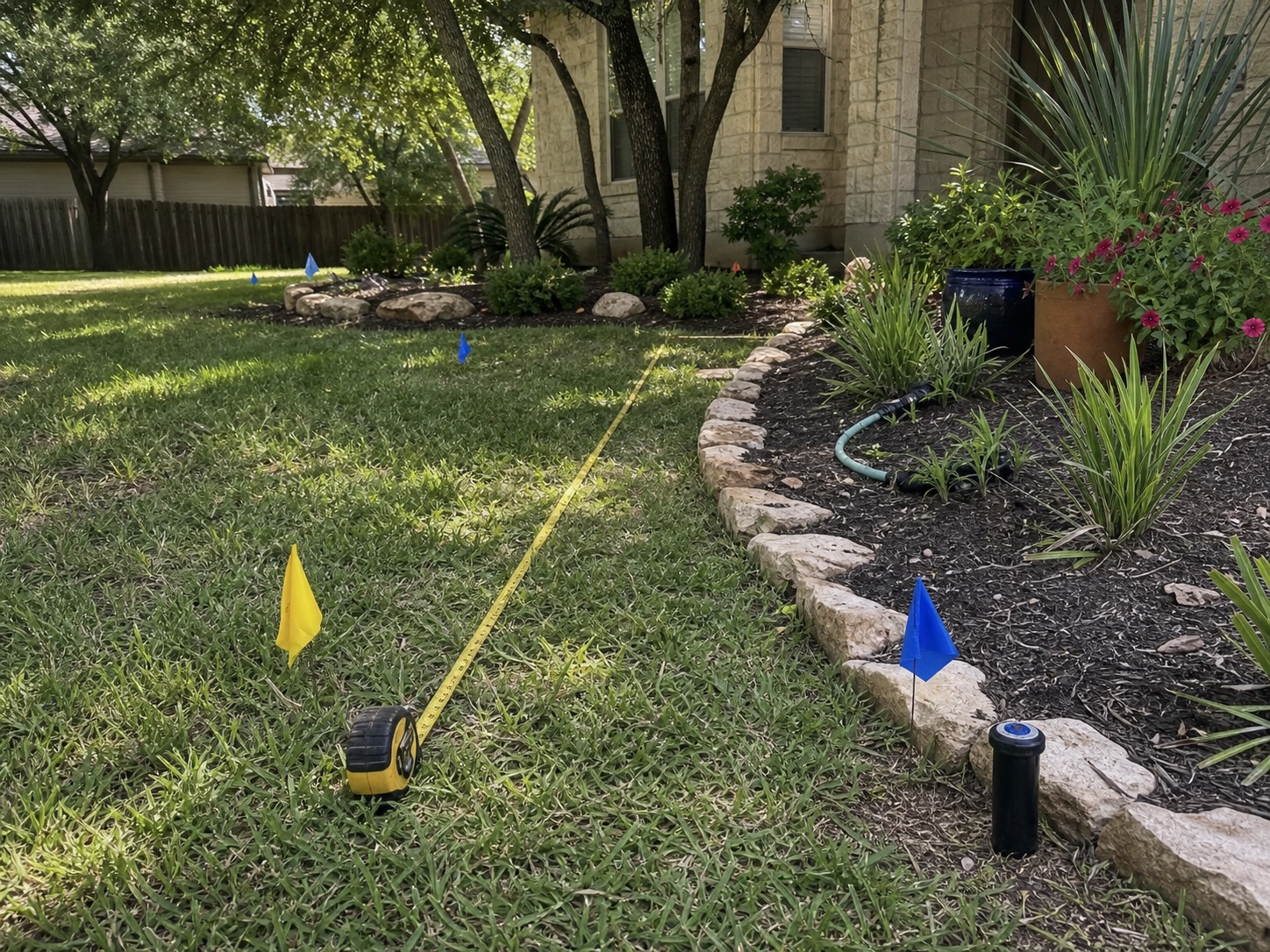 Measuring tape and irrigation markers in a Central Texas yard