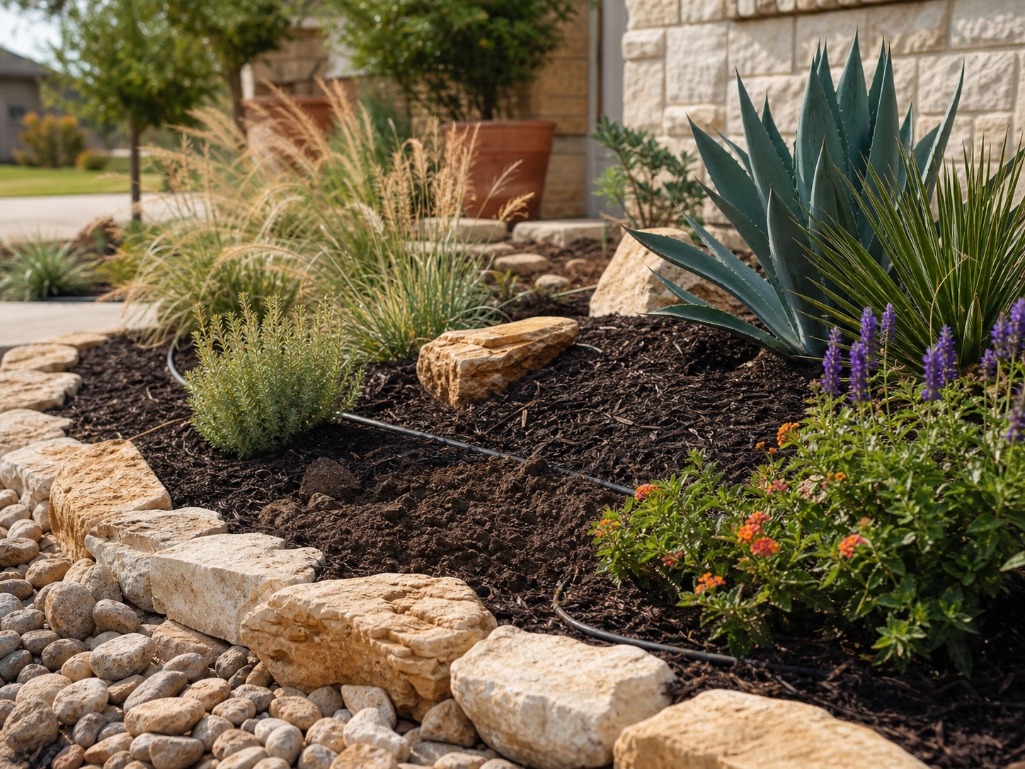 Low-water plants, mulch, soil, and stone edging in a Texas landscape bed